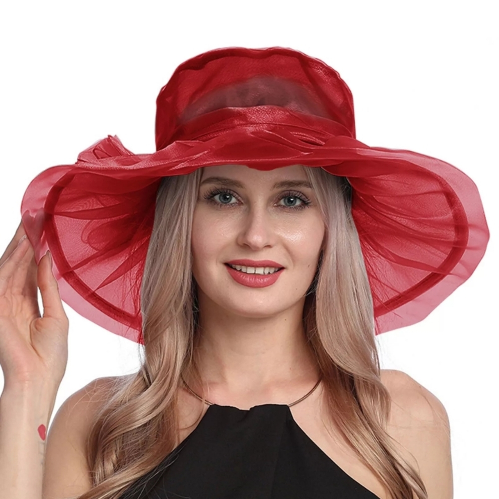 Groovy Glam Red Sheer Organza Wide-Brimmed Hat